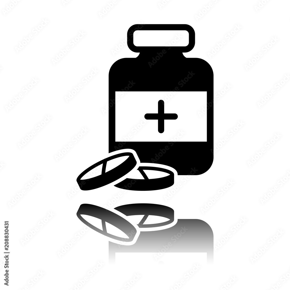 Pills and medicine bottle. Black icon with mirror reflection on white background Pills and medicine bottle. Black icon with mirror reflection on white background