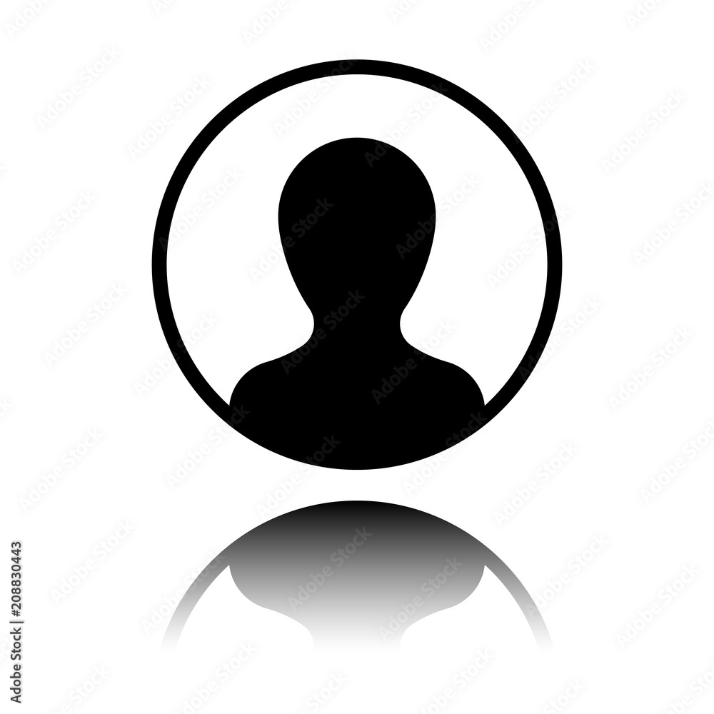 Profile, person in circle. Black icon with mirror reflection on white background Profile, person in circle. Black icon with mirror reflection on white background