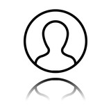 Profile, person in circle. Black icon with mirror reflection on white background