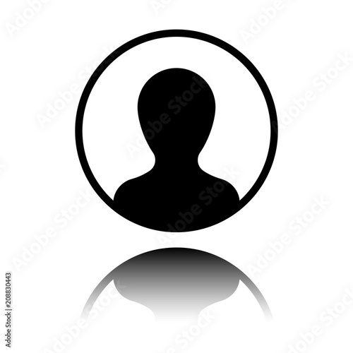 Profile, person in circle. Black icon with mirror reflection on white background