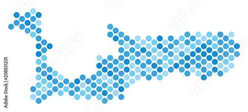 Blue pixelated Grand Cayman Island map. Vector geographic map in blue color tints on a white background. Vector composition of Grand Cayman Island map done of round blot array.