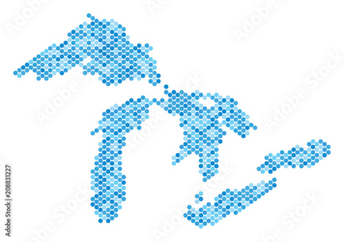 Blue round spot Great Lakes map. Vector geographic map in blue color shades on a white background. Vector composition of Great Lakes map combined of spheric pixel pattern.