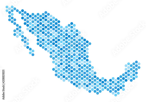 Blue circle dot Mexico map. Vector geographic map in blue color variations on a white background. Vector concept of Mexico map made of sphere item matrix.
