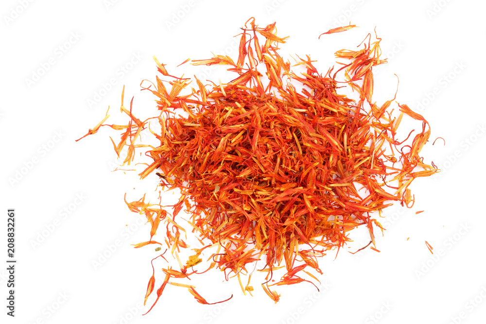 Fototapeta premium Heap of saffron isolated on white background. Top view. Flat lay