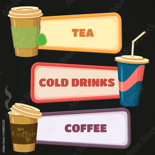 Fast food signs with drinks icons. Tea cup, coffee cup and cold drink with a straw. 