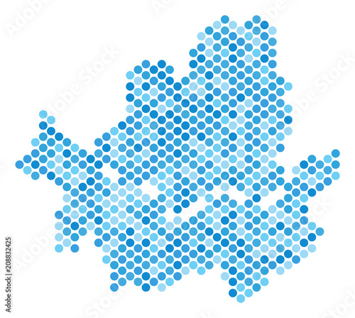 Blue pixelated Seoul city map. Vector geographic map in cold blue color tones on a white background. Vector mosaic of Seoul city map designed of round pixel pattern.