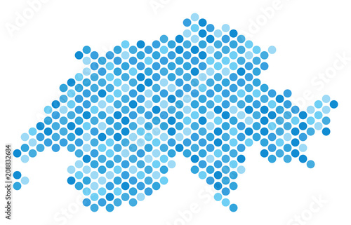 Blue round spot Swissland map. Vector geographic map in blue color hues on a white background. Vector concept of Swissland map constructed of circle blot pattern.