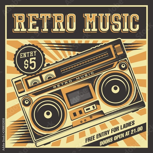 Retro Boombox Music Tape Recorder Radio Old Vintage Signage Poster Vector