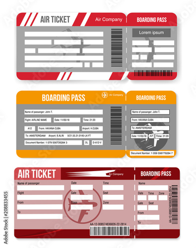Set airline boarding pass,air ticket template.  Isolated on white background. Vector illustration