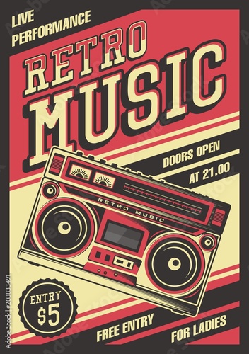 Retro Boombox Music Tape Recorder Radio Old Vintage Signage Poster Vector photo
