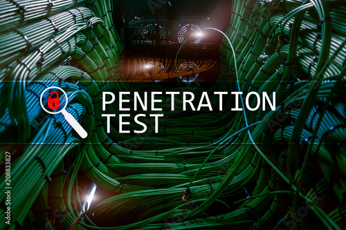 Penetration test. Cybersecurity and data protection. Hacker attack prevention. Futuristic ?server room on background.