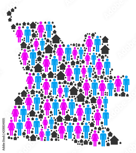 Population Angola map. Household vector mosaic of Angola map created of randomized men and woman and realty elements in various sizes. Abstract social scheme of national mass cartography.
