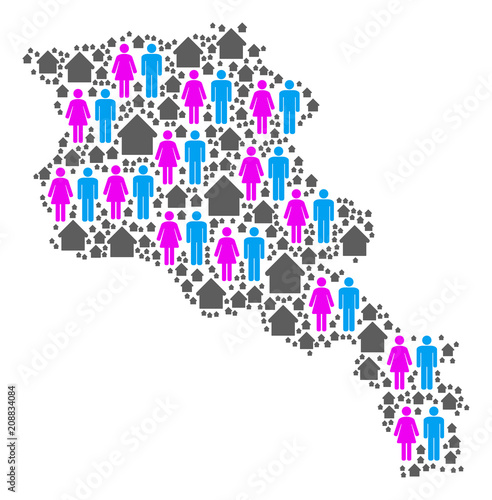 Population Armenia map. Household vector collage of Armenia map combined of randomized male and female and house items in different sizes. Abstract social scheme of national household cartography.
