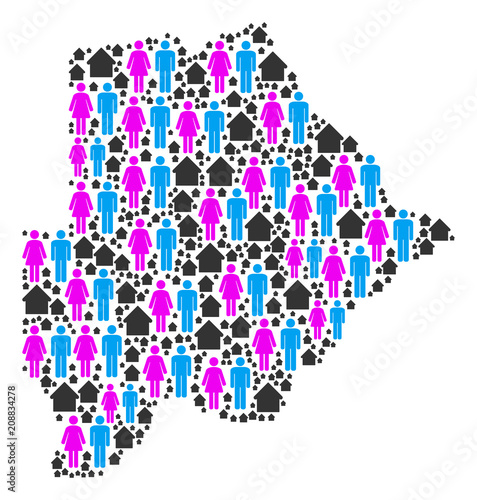 Population Botswana map. Household vector pattern of Botswana map composed of randomized men and woman and property items in various sizes.