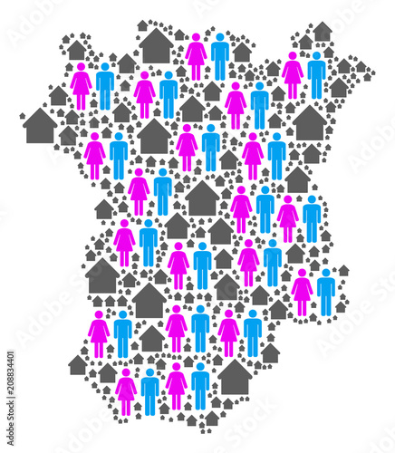 Population Chechnya map. Household vector concept of Chechnya map formed of randomized people and house items in different sizes. Abstract social visualization of nation audience cartography.