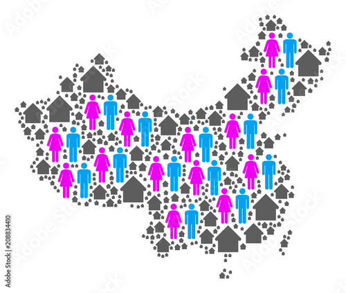 Population China map. Household vector pattern of China map composed of randomized human and realty elements in various sizes. Abstract social visualization of nation community cartography.