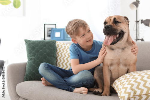 Cute little child with dog on couch at home