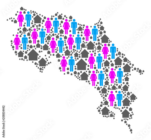 Population Costa Rica map. Household vector abstraction of Costa Rica map formed of randomized family and building elements in variable sizes.