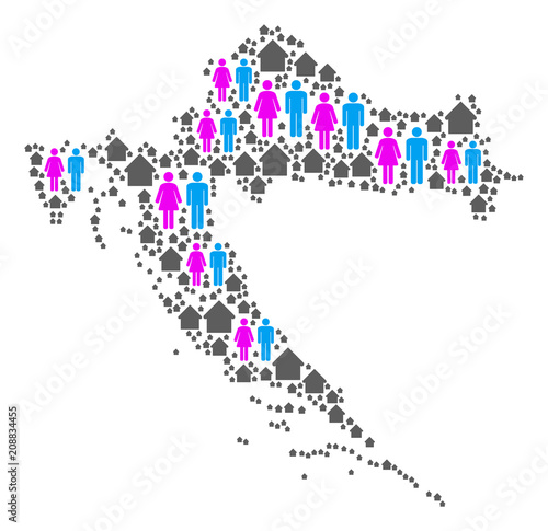 Population Croatia map. Household vector pattern of Croatia map organized of random crowd and real estate items in variable sizes. Abstract social representation of national community cartography.