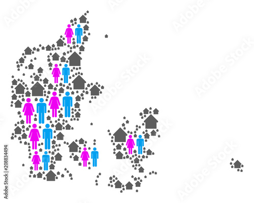 Population Denmark map. Household vector pattern of Denmark map composed of scattered male and female and home items in different sizes. Abstract social visualization of national mass cartography.