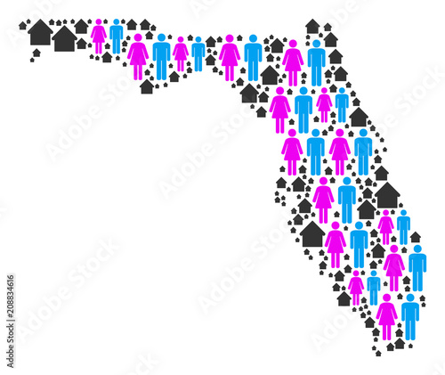 Population Florida map. Household vector pattern of Florida map designed of randomized family and property elements in variable sizes. Abstract social visualization of nation mass cartography.