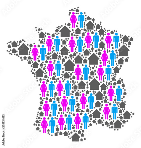 Population France map. Household vector concept of France map made of randomized lady and gentleman and residence items in different sizes.