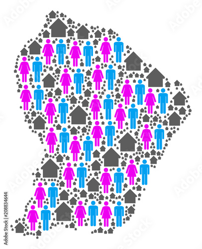 Population French Guiana map. Household vector mosaic of French Guiana map combined of random crowd and real estate elements in various sizes.