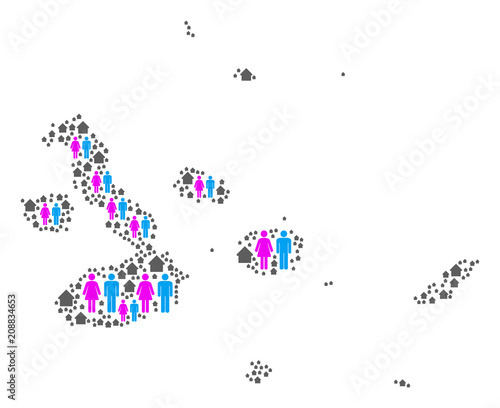 Population Galapagos Islands map. Household vector composition of Galapagos Islands map made of random people and home elements in various sizes.