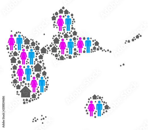Population Guadeloupe map. Household vector abstraction of Guadeloupe map formed of randomized people couple and home elements in variable sizes.