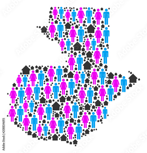 Population Guatemala map. Household vector abstraction of Guatemala map created of random people and realty items in various sizes. Abstract social visualization of national community cartography.