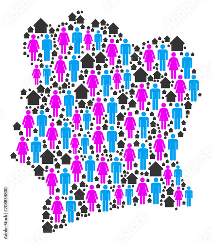 Population Ivory Coast map. Household vector abstraction of Ivory Coast map organized of randomized people couple and house elements in different sizes.