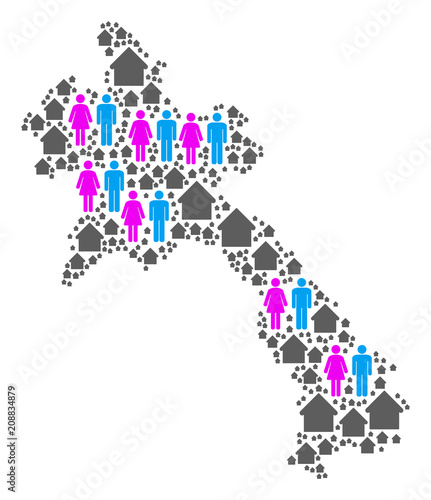 Population Laos map. Household vector abstraction of Laos map composed of randomized men and woman and home items in different sizes. Abstract social plan of national public cartography.