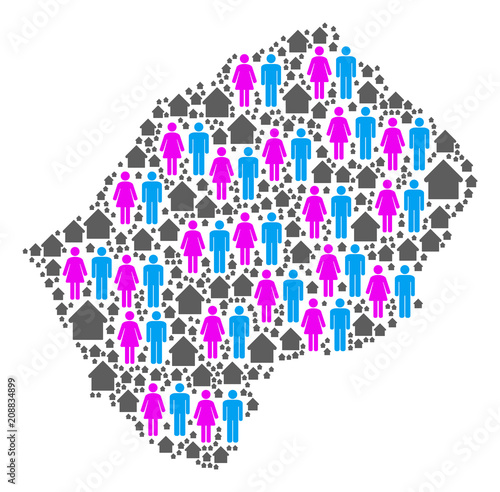 Population Lesotho map. Household vector abstraction of Lesotho map done of scattered people and habitation elements in variable sizes. Abstract social scheme of national mass cartography.