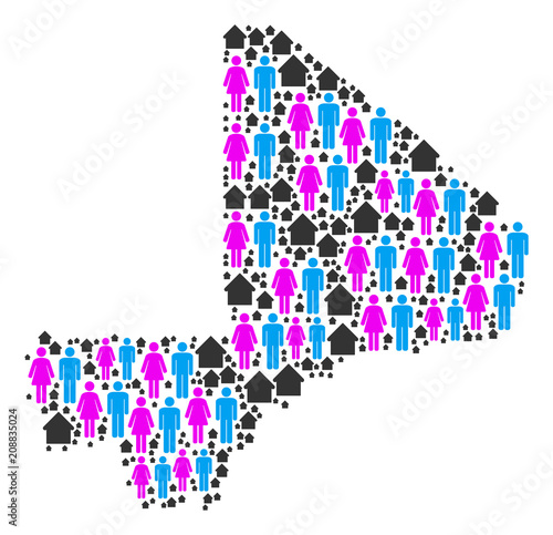 Population Mali map. Household vector pattern of Mali map designed of random family and realty elements in various sizes. Abstract social visualization of national group cartography.