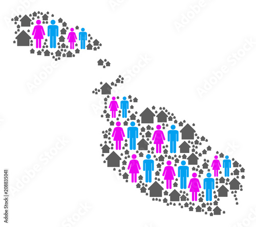 Population Malta Island map. Household vector composition of Malta Island map formed of random people couple and real estate items in variable sizes.