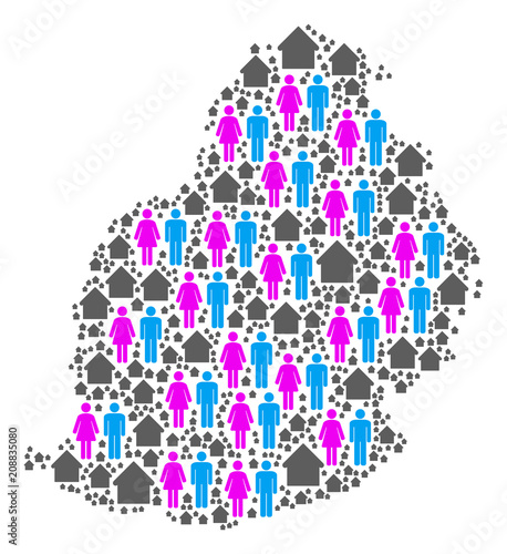 Population Mauritius Island map. Household vector mosaic of Mauritius Island map done of random crowd and property items in different sizes.