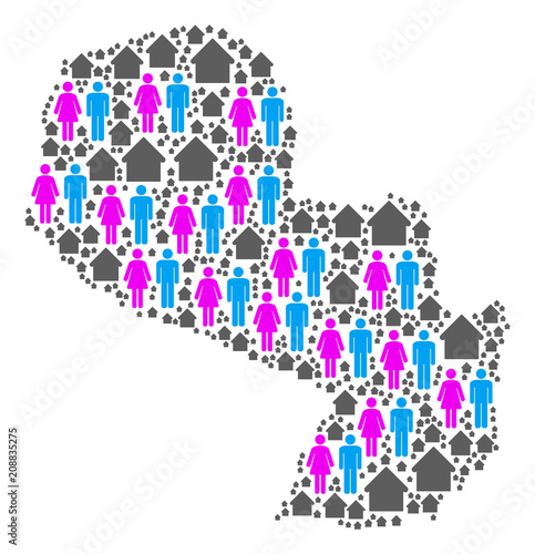 Population Paraguay map. Household vector collage of Paraguay map composed of randomized person and real estate elements in different sizes. Abstract social scheme of nation household cartography.