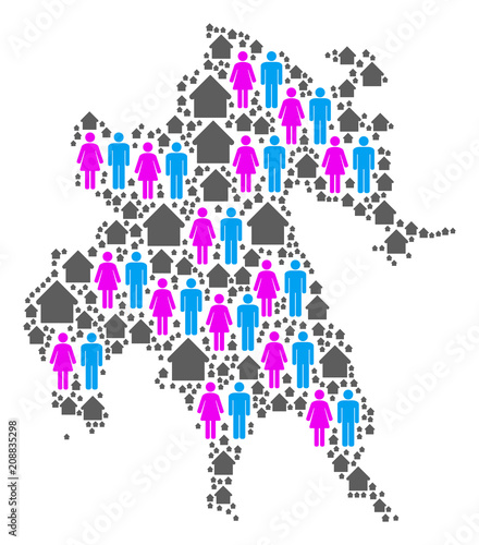 Population Peloponnese Peninsula map. Household vector mosaic of Peloponnese Peninsula map composed of random person and home elements in variable sizes.