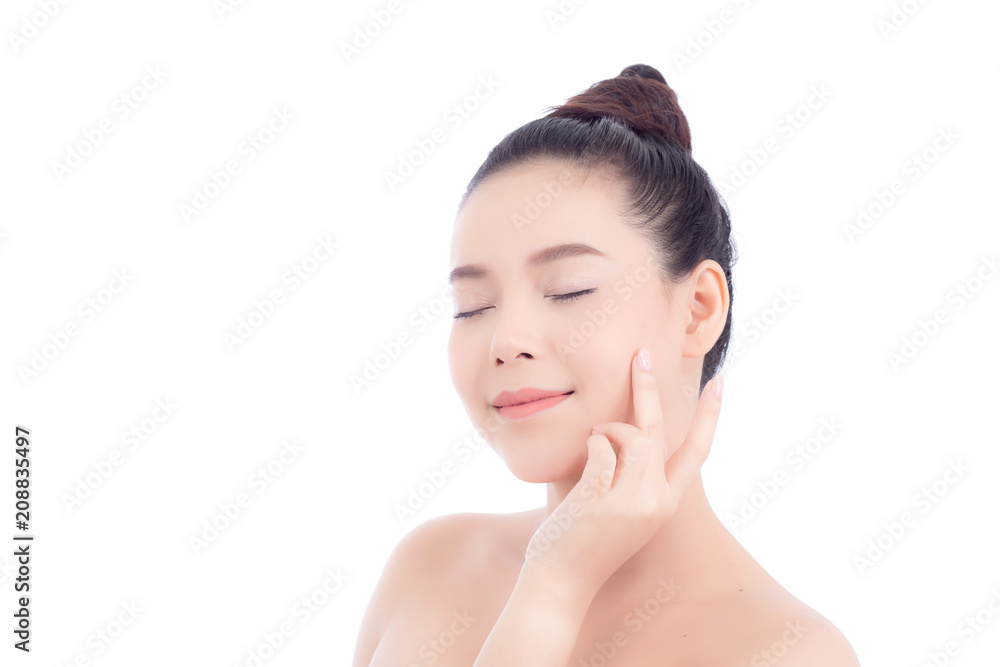 Portrait of beautiful woman makeup of cosmetic, girl hand touch cheek and smile attractive, face of beauty perfect with wellness isolated on white background with skin healthcare concept. Portrait of beautiful woman makeup of cosmetic, girl hand touch cheek and smile attractive, face of beauty perfect with wellness isolated on white background with skin healthcare concept.