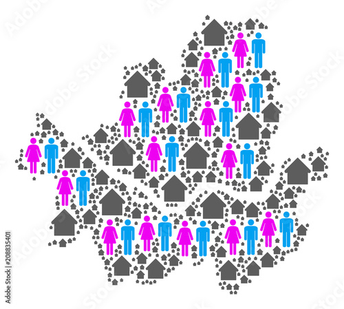 Population Seoul city map. Household vector pattern of Seoul city map organized of randomized male and female and home items in variable sizes. Abstract social scheme of nation audience cartography.