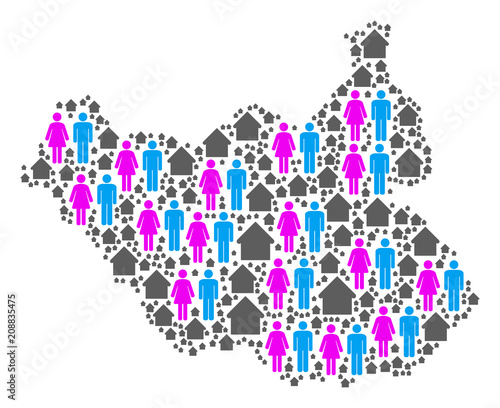 Population South Sudan map. Household vector concept of South Sudan map created of randomized person and building items in various sizes. Abstract social visualization of nation community cartography.