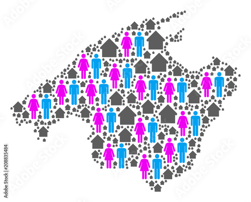 Population Spain Mallorca Island map. Household vector abstraction of Spain Mallorca Island map composed of scattered men and woman and residence items in various sizes.