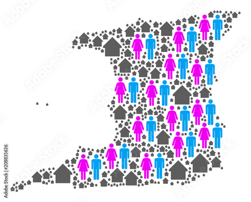 Population Trinidad Island map. Household vector abstraction of Trinidad Island map composed of randomized people and real estate items in various sizes.