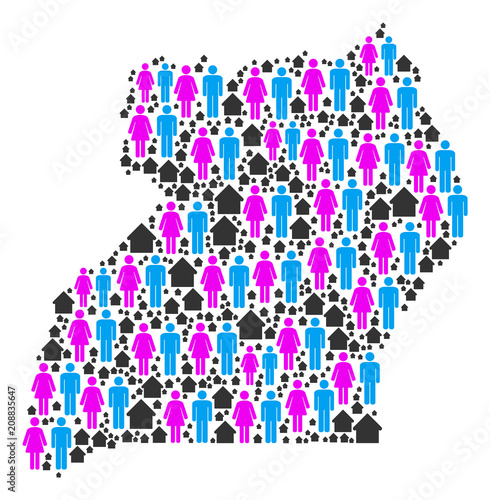 Population Uganda map. Household vector mosaic of Uganda map composed of randomized human and building items in different sizes. Abstract social plan of national public cartography.