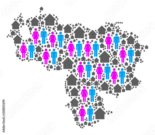 Population Venezuela map. Household vector mosaic of Venezuela map created of random man and woman and realty items in various sizes. Abstract social visualization of national audience cartography.