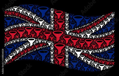 Waving Great Britain state flag on a black background. Vector filter pictograms are formed into geometric UK flag composition. Patriotic composition designed of filter pictograms.