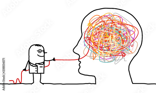 Cartoon doctor untangling a brain knot