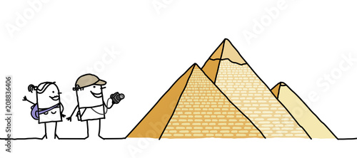 Cartoon couple with Egyptian Pyramids