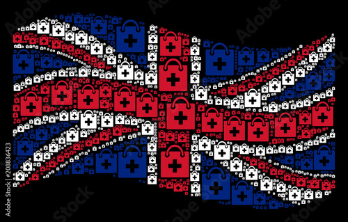 Waving UK flag on a black background. Vector first aid kit items are organized into mosaic UK flag illustration. Patriotic concept combined of first aid kit elements.