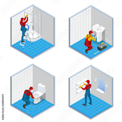 Isometric plumber or worker with tool belt standing in bathroom set concepts. Bath room repair isometric vector composition.
